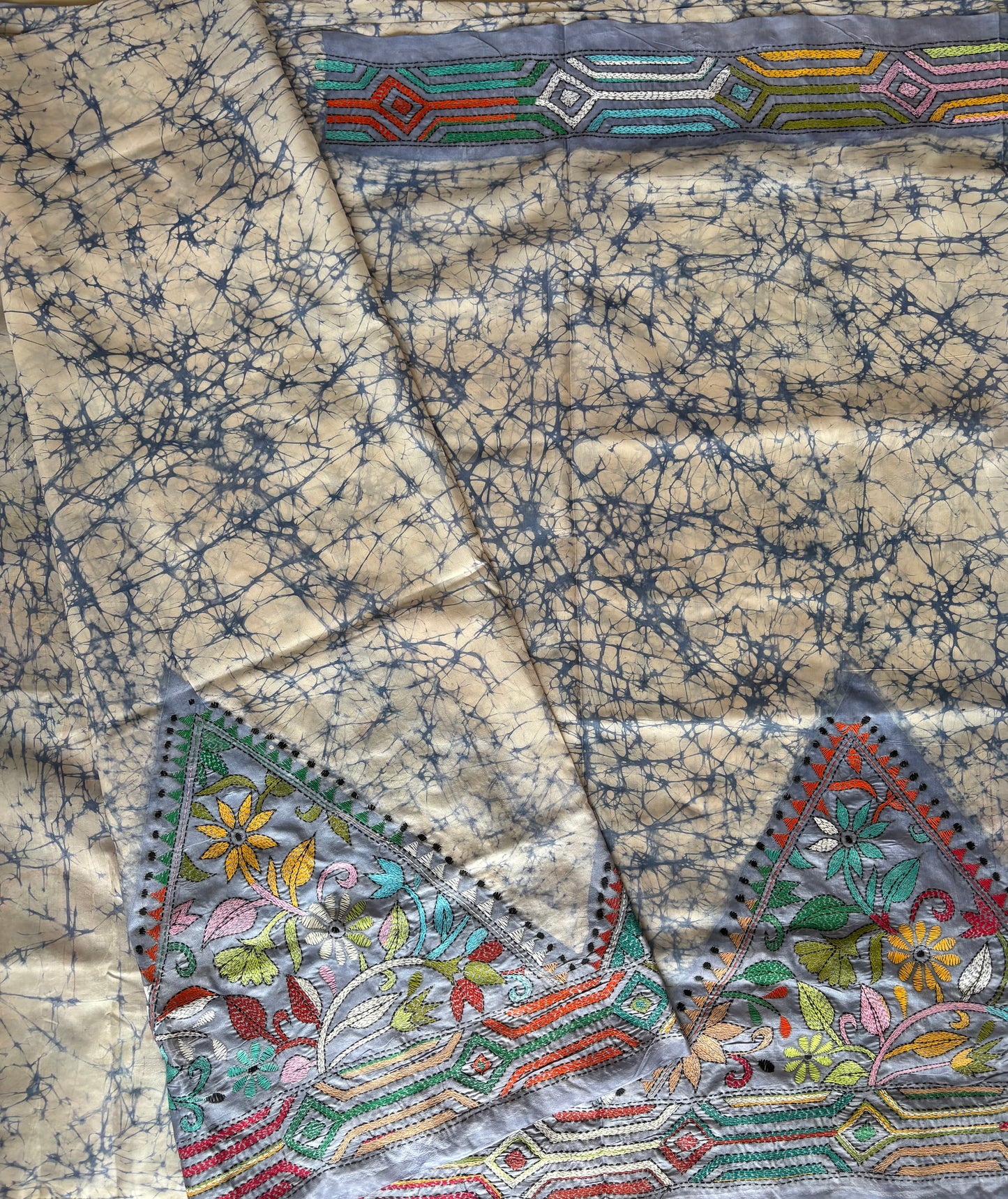 Kantha Hand Embroidered Hand Batik Art Silk Saree With Blouse