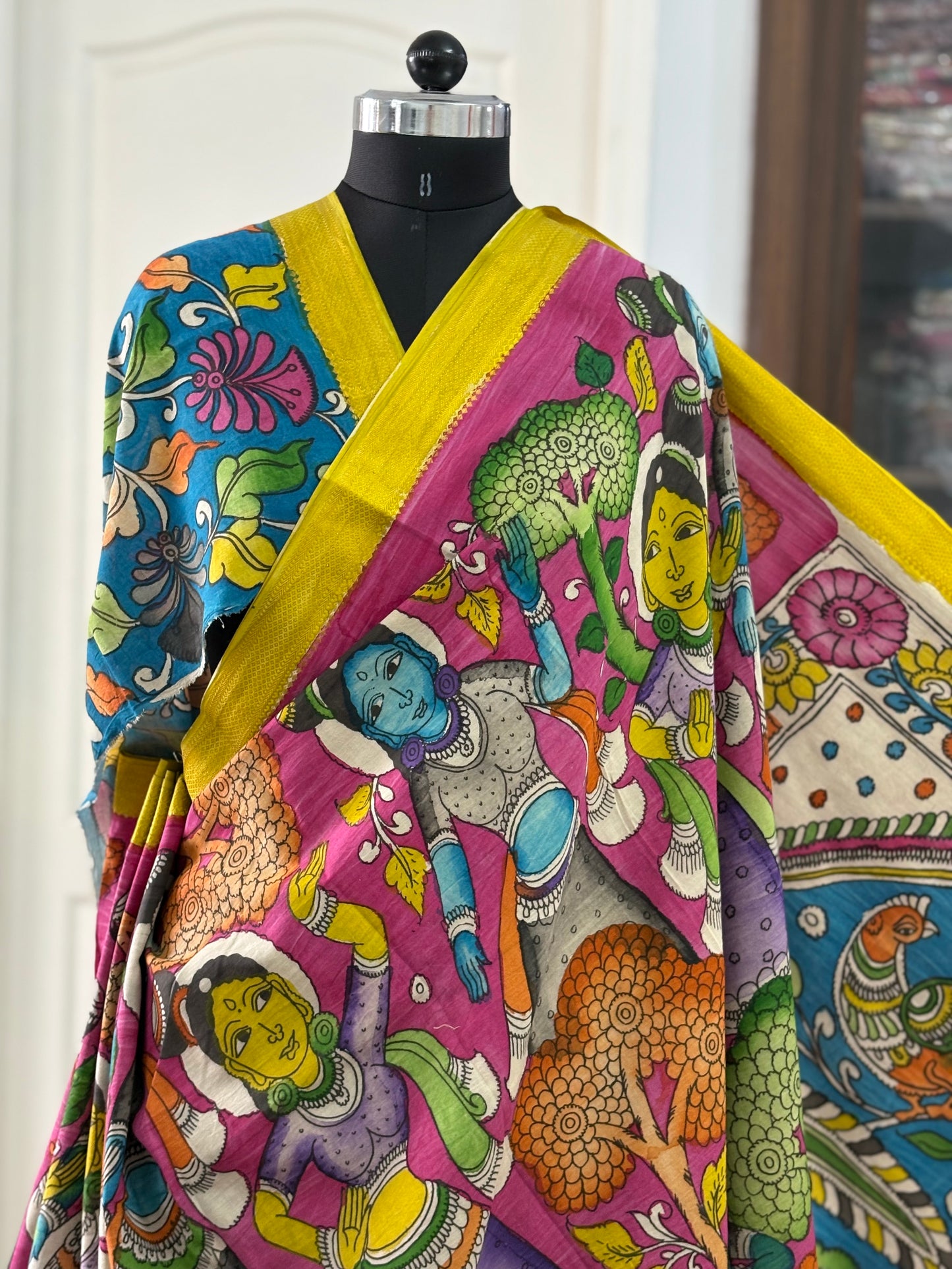 Pen Kalamkari hand painted pure cotton Saree with blouse