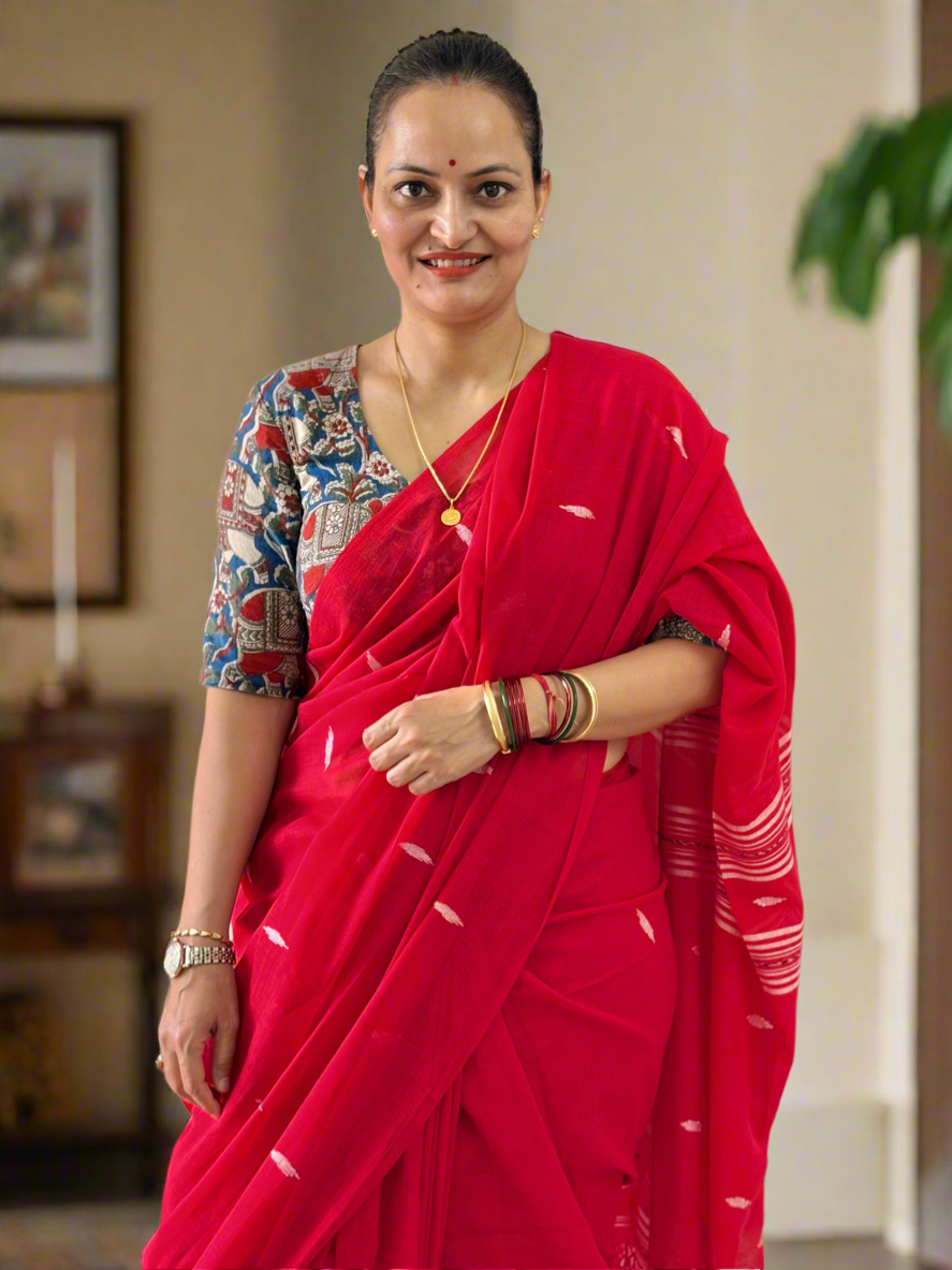 Handloom Mul Cotton Jamdani Butta Saree - Red