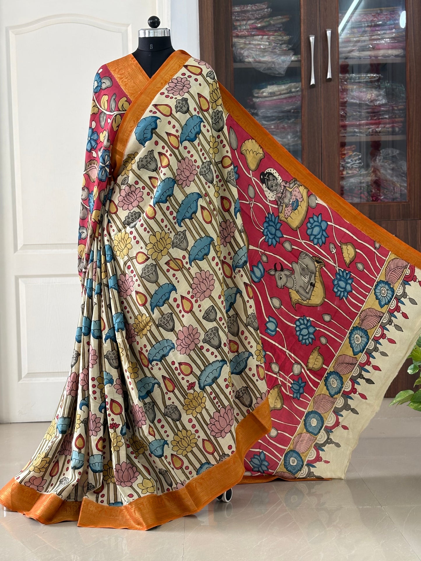 Pen Kalamkari hand painted Banglore Silk Saree with blouse