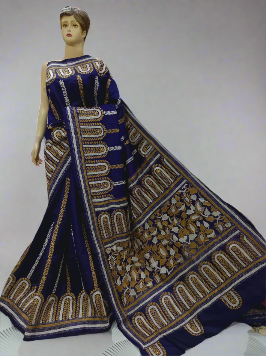 Kantha Stitch Hand Embroidered Pure Banglore Silk Saree