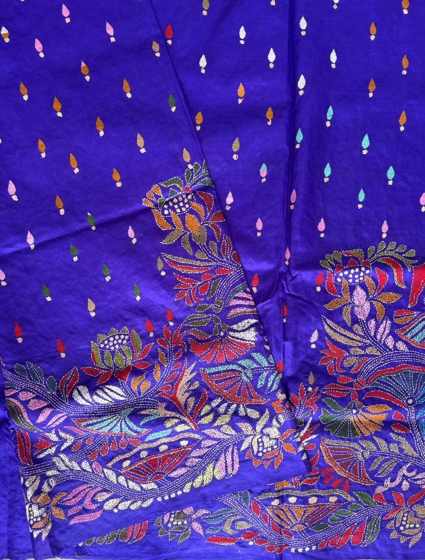 Blue Kantha Stitch Hand Embroidered Pure Banglore Silk Saree