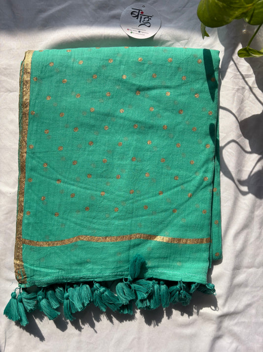 Polka Dot Saree With Blouse | Mul Cotton | Green Turquoise