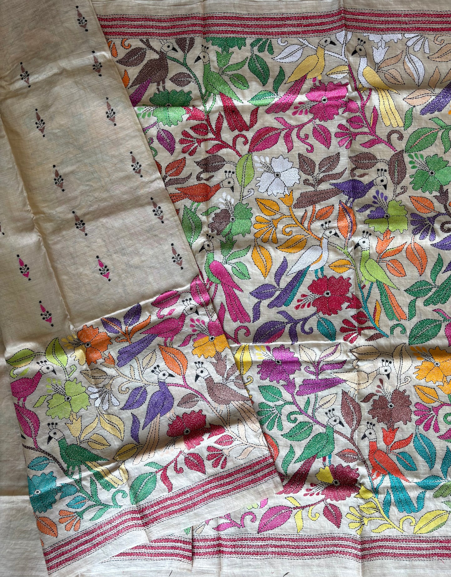 Kantha Hand Embroidered Pure Gachi Tassar Silk Saree - Silk Marked