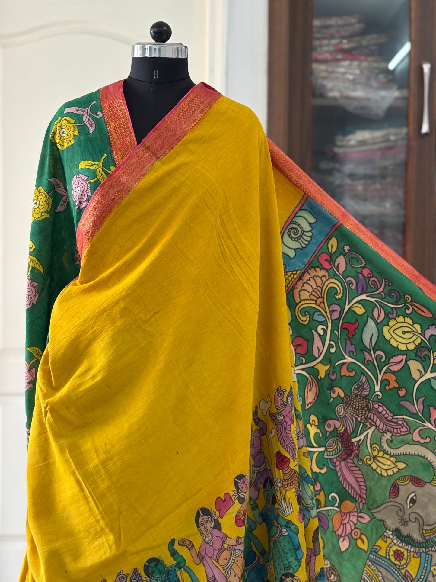 Pen Kalamkari hand painted pure cotton Saree with blouse