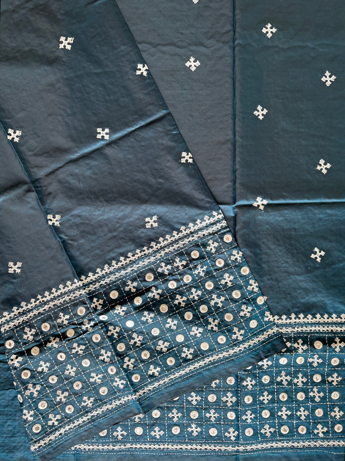 Gujrati Stitch/Kutch Hand Embroidered Art Silk Saree