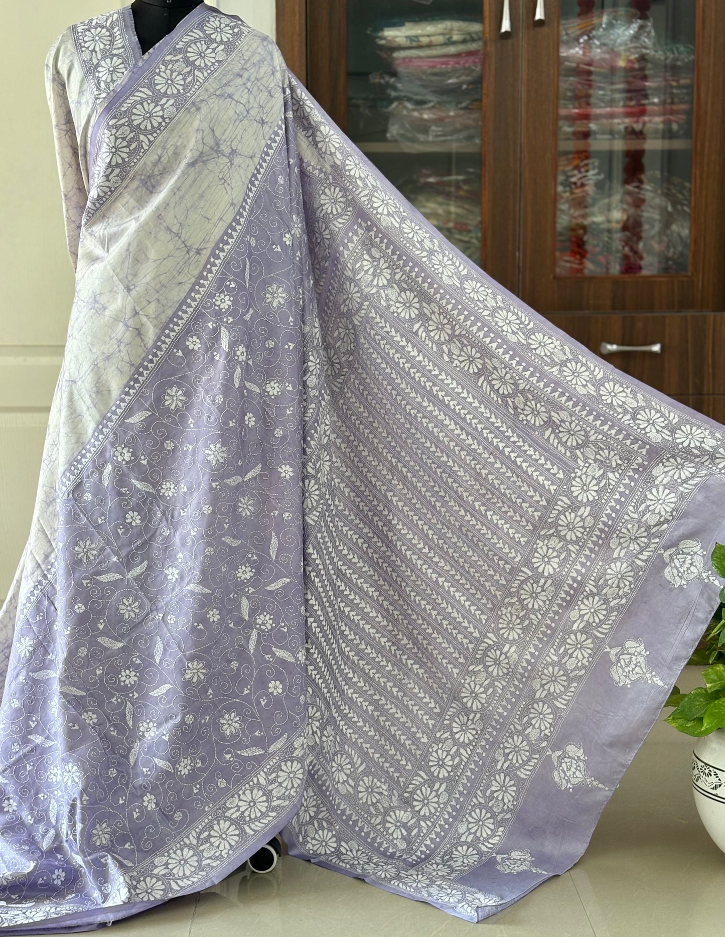 Kantha Stitch Hand Embroidered Art Silk Saree With Blouse