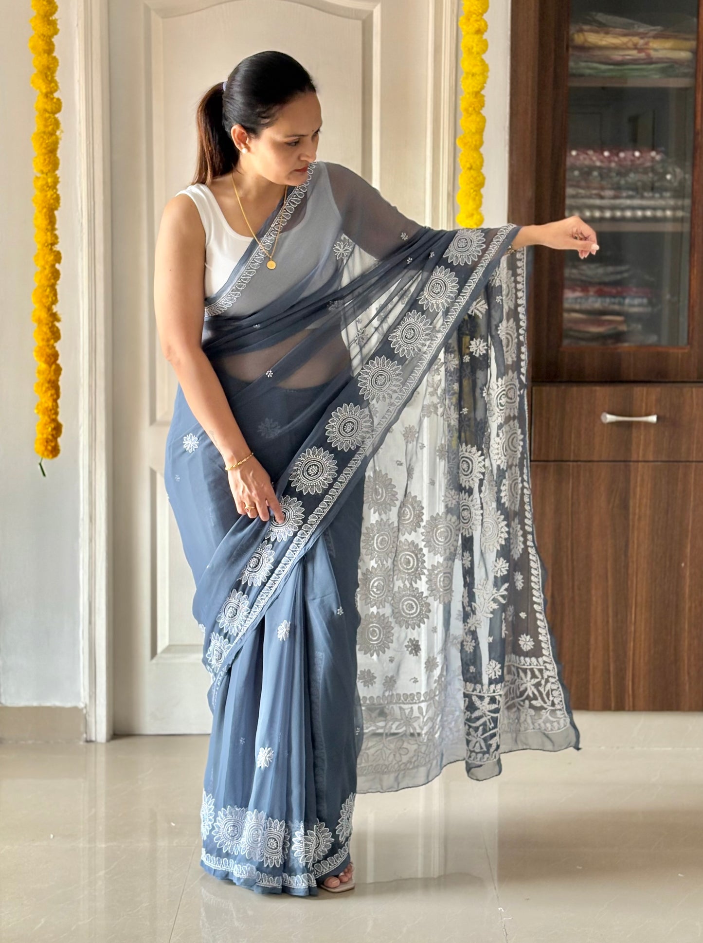 Dark Grey Georgette Chikankari Work Hand Embroidered Saree