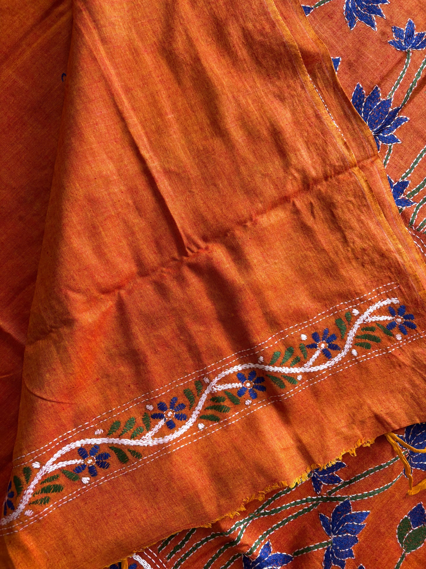 Kantha stitch Khadi Cotton Saree - Saffron