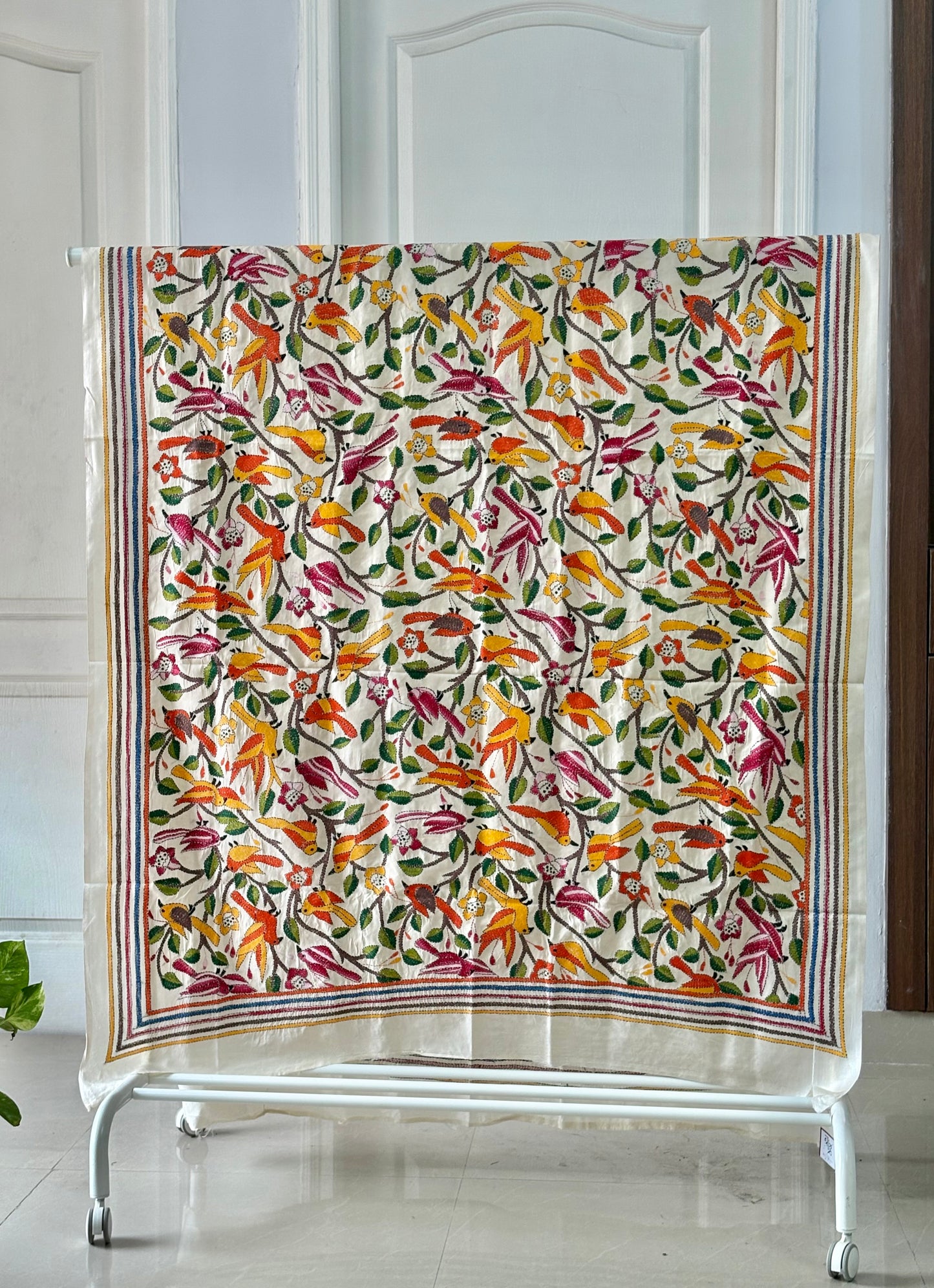 Kantha stitch hand embroidered heavy work Semi Tassar Silk Dupatta 44″