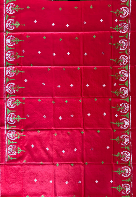 Kutchi/Gujarati Hand Embroidered Saree | Blended Bangalore Silk / Art Silk | Red