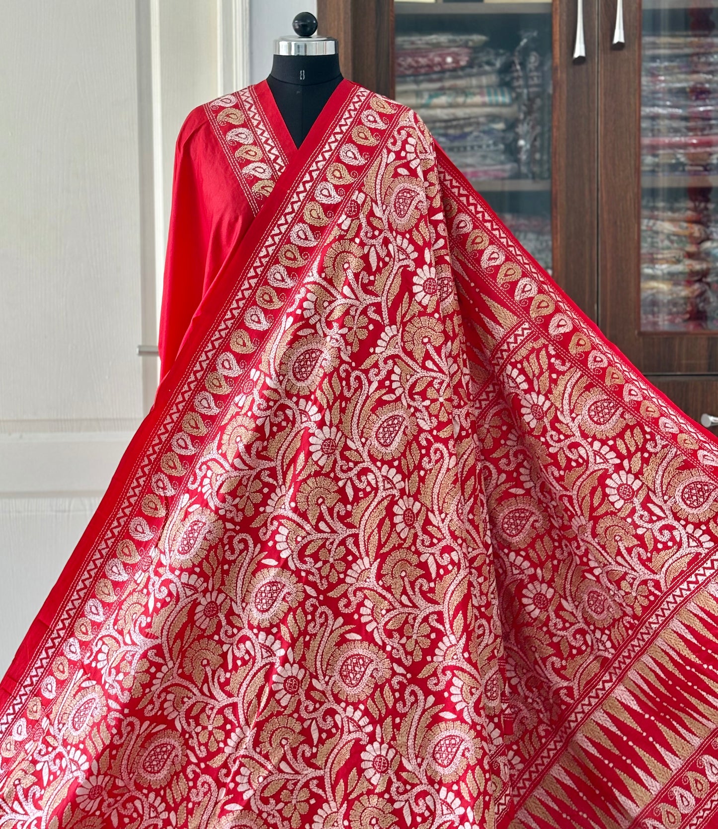 Red Kantha Stitch Saree on Pure Bangalore Silk (Silk Marked)