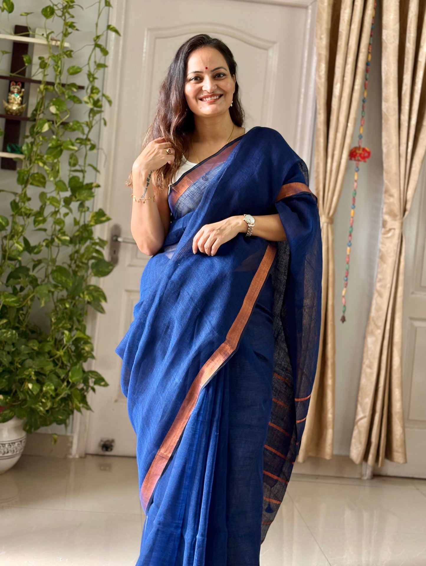 Navy Linen By Linen Saree With Blouse