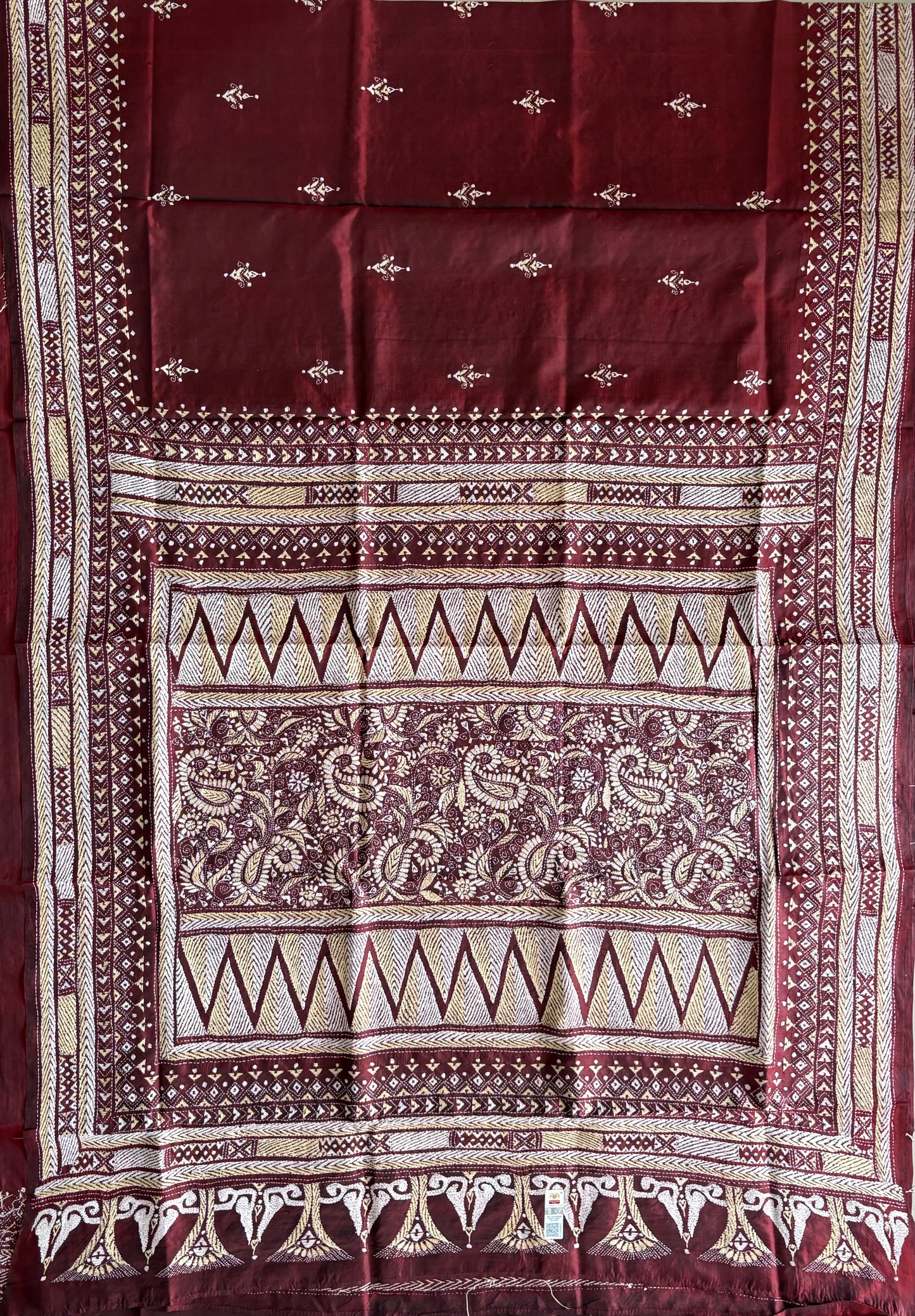 Kantha Stitch Hand Embroidered Pure Banglore Silk Saree (Silk Marked)