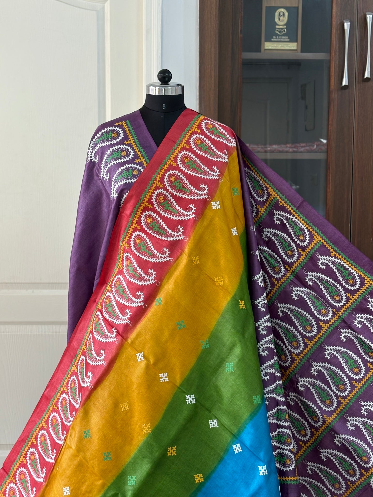 Kutch work/Gujrati stitch Hand Embroidered Pure Tassar Silk Saree