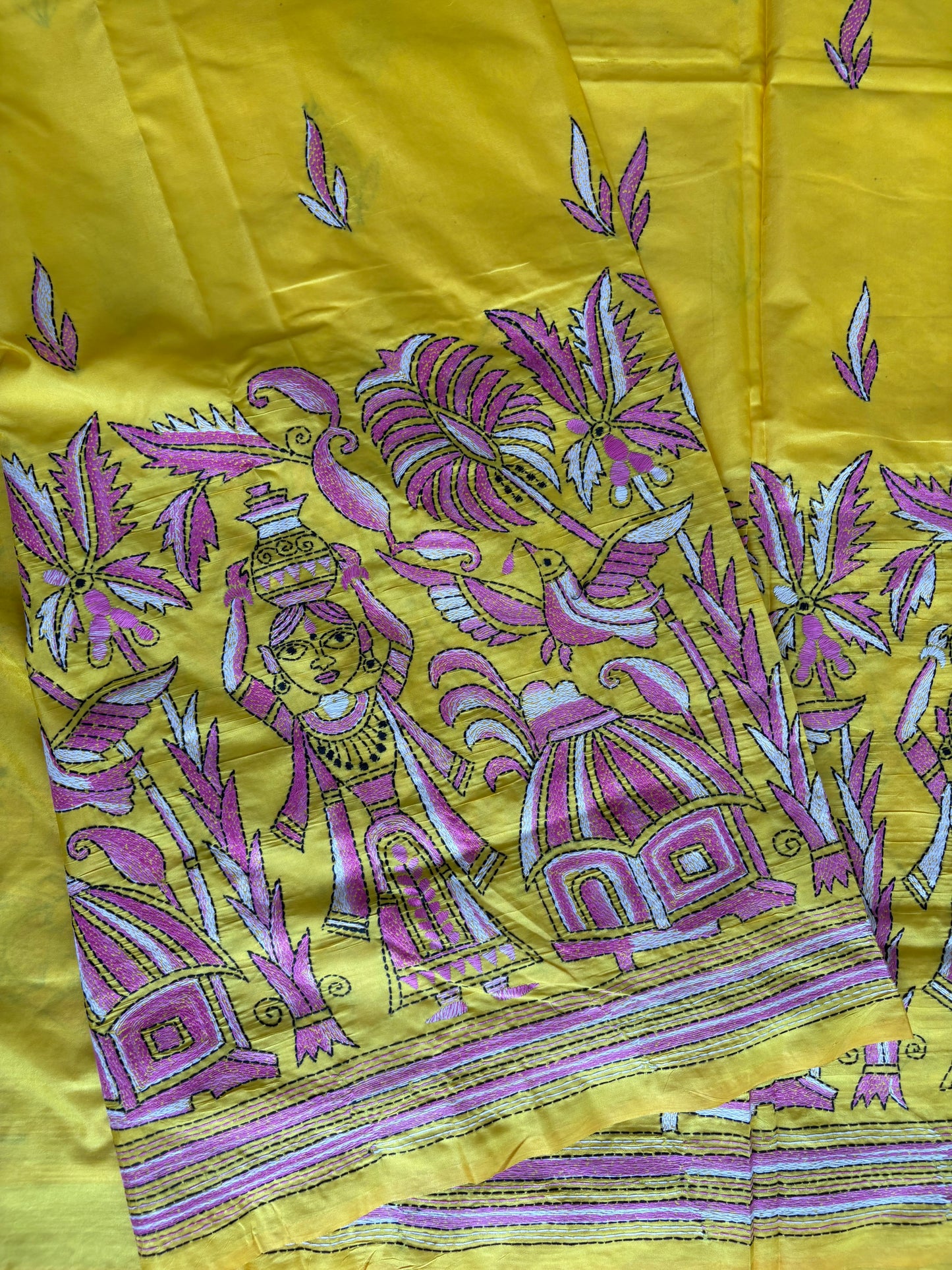 Kantha Stitch Hand Work Embroidered Art Silk Saree With Blouse
