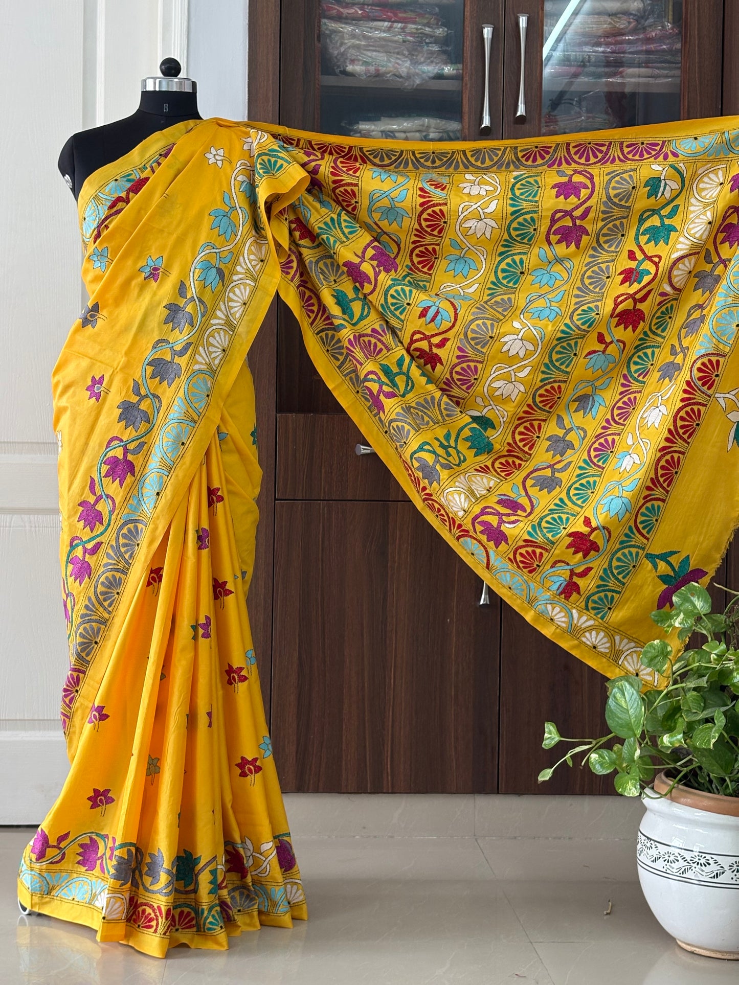 Kantha Hand Embroidered Blended Banglore Silk/Art Silk Saree With Blouse