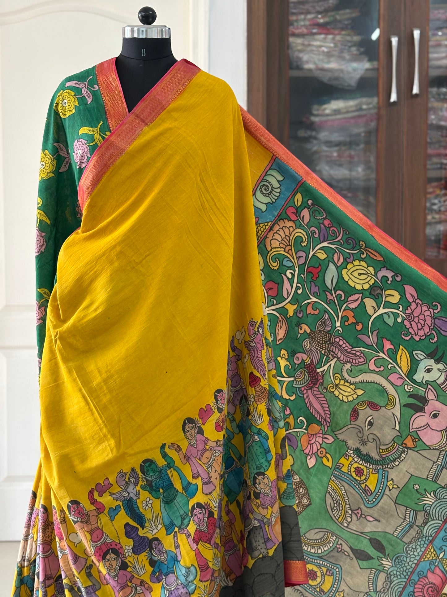 Pen Kalamkari hand painted pure cotton Saree with blouse