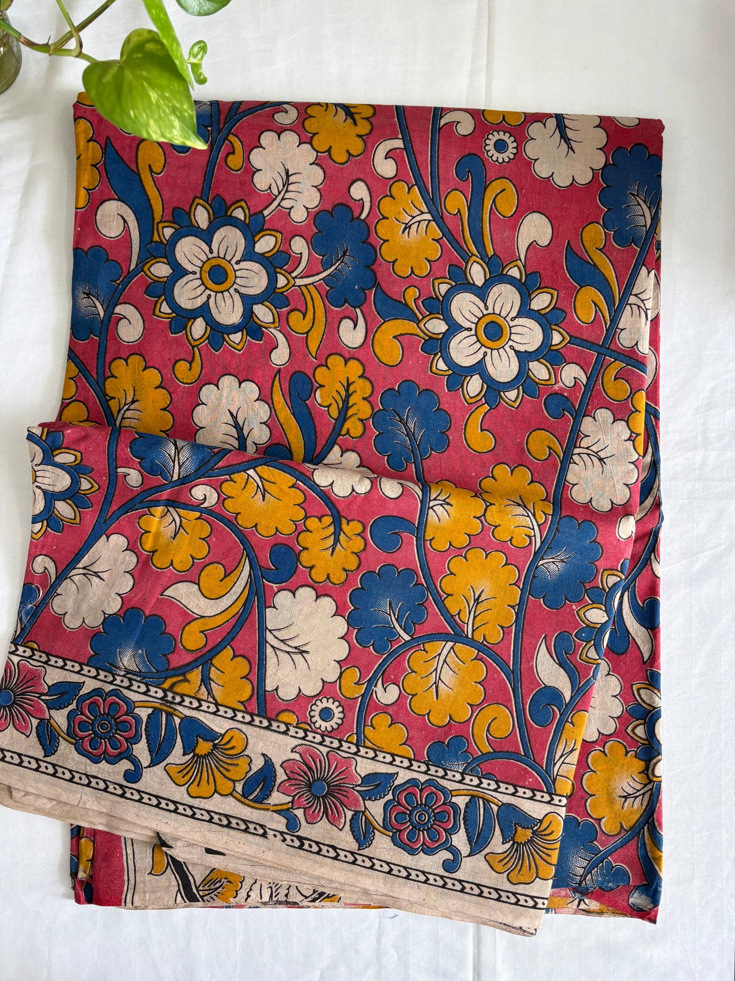 Kalamkari printed malmal cotton Saree with blouse