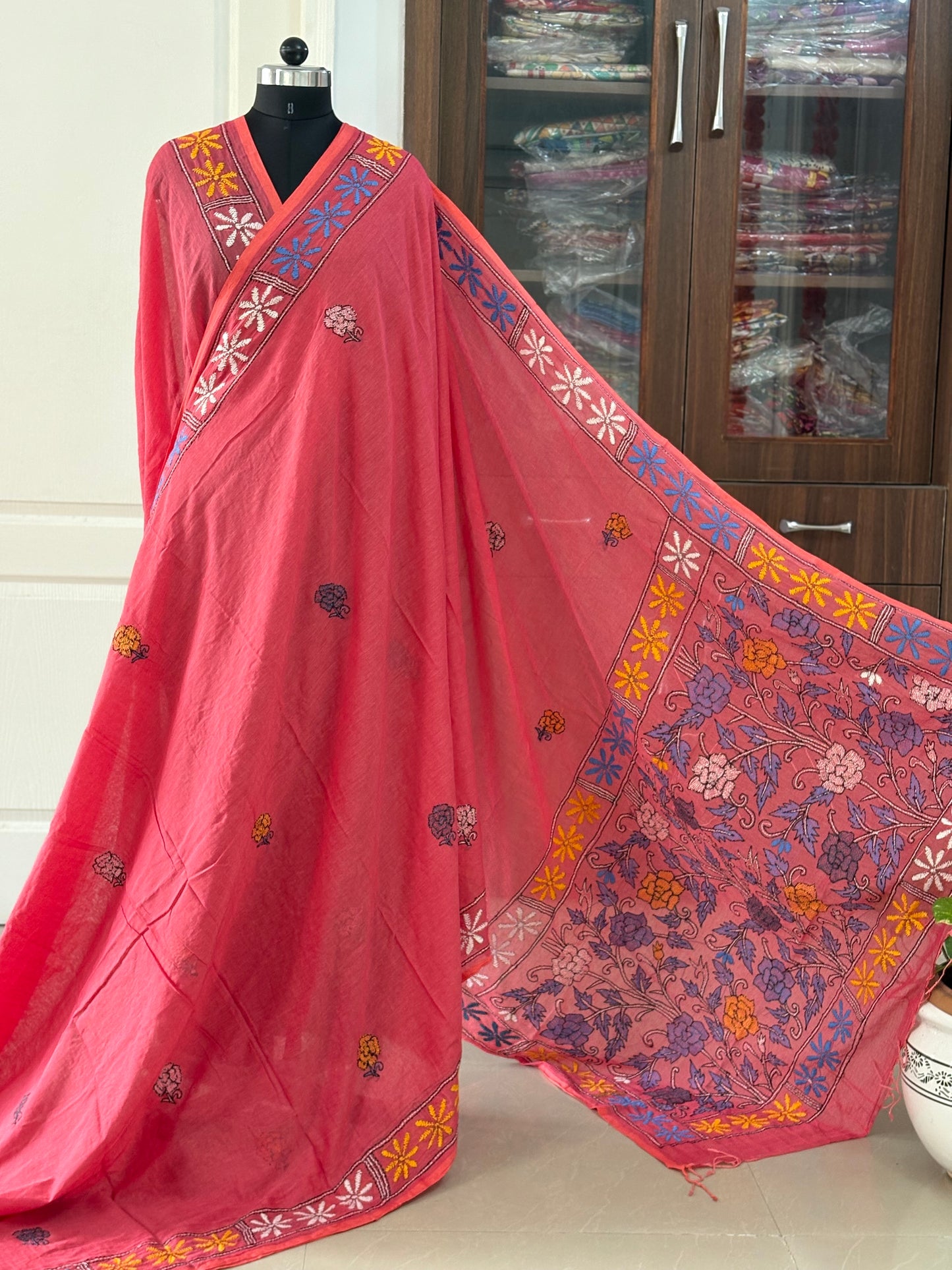 Kantha stitch Hand Embroidered Pure mul Cotton Saree