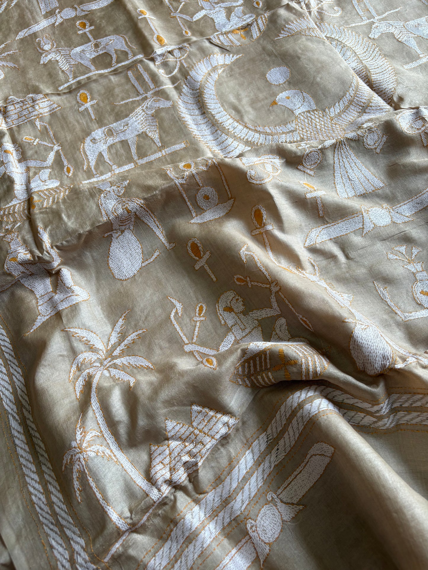 Kantha Hand Embroidery Pure Tussar Silk Saree – light beige