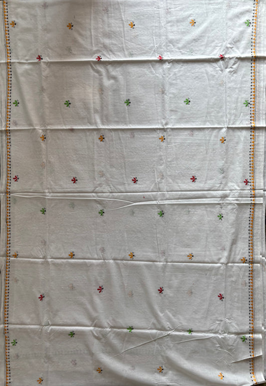 Kantha Hand Embroidered Pure Cotton Saree - white