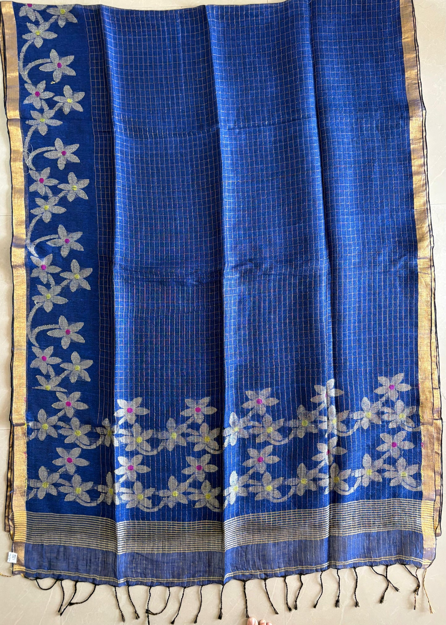 Handloom woven pure Linen By Linen Lata Saree – Blue (Handloom Marked)