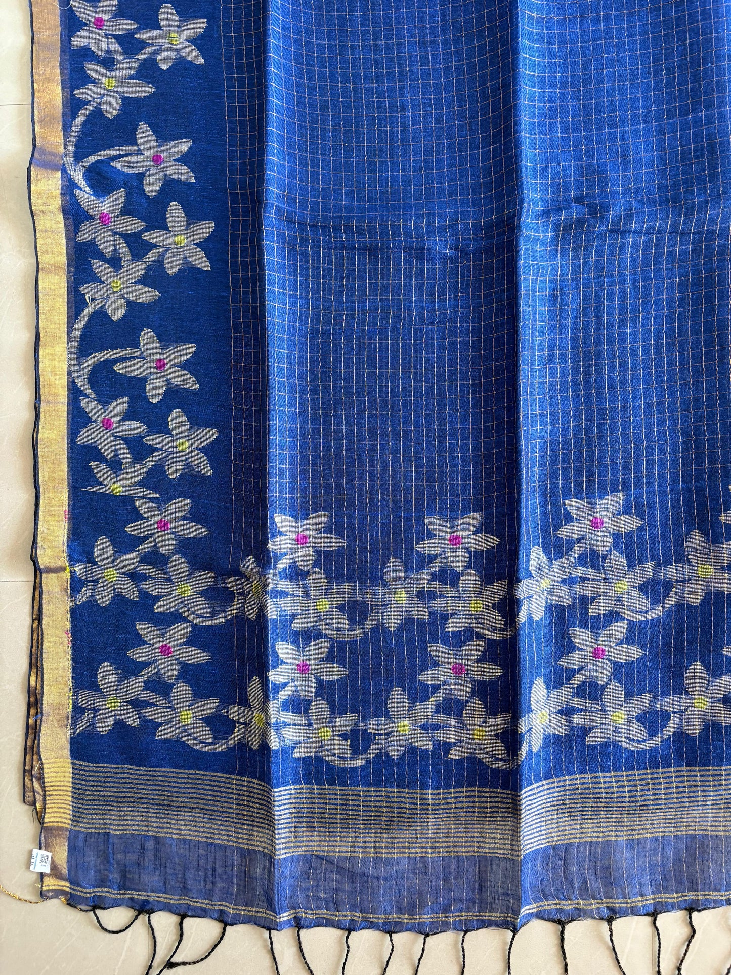 Handloom woven pure Linen By Linen Lata Saree – Blue (Handloom Marked)