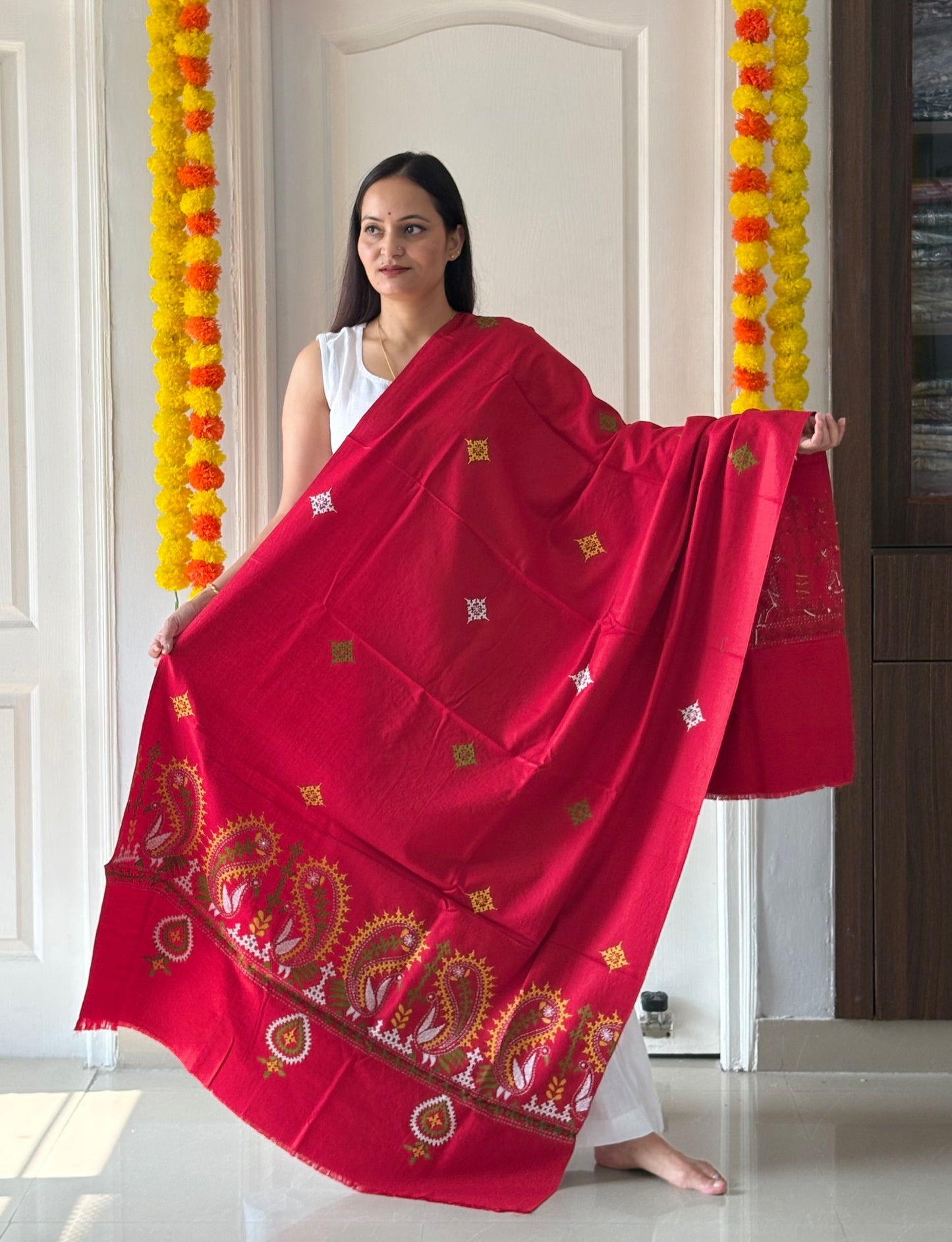 Gujrati Stitch Hand Embroidered Woollen Warm Shawl