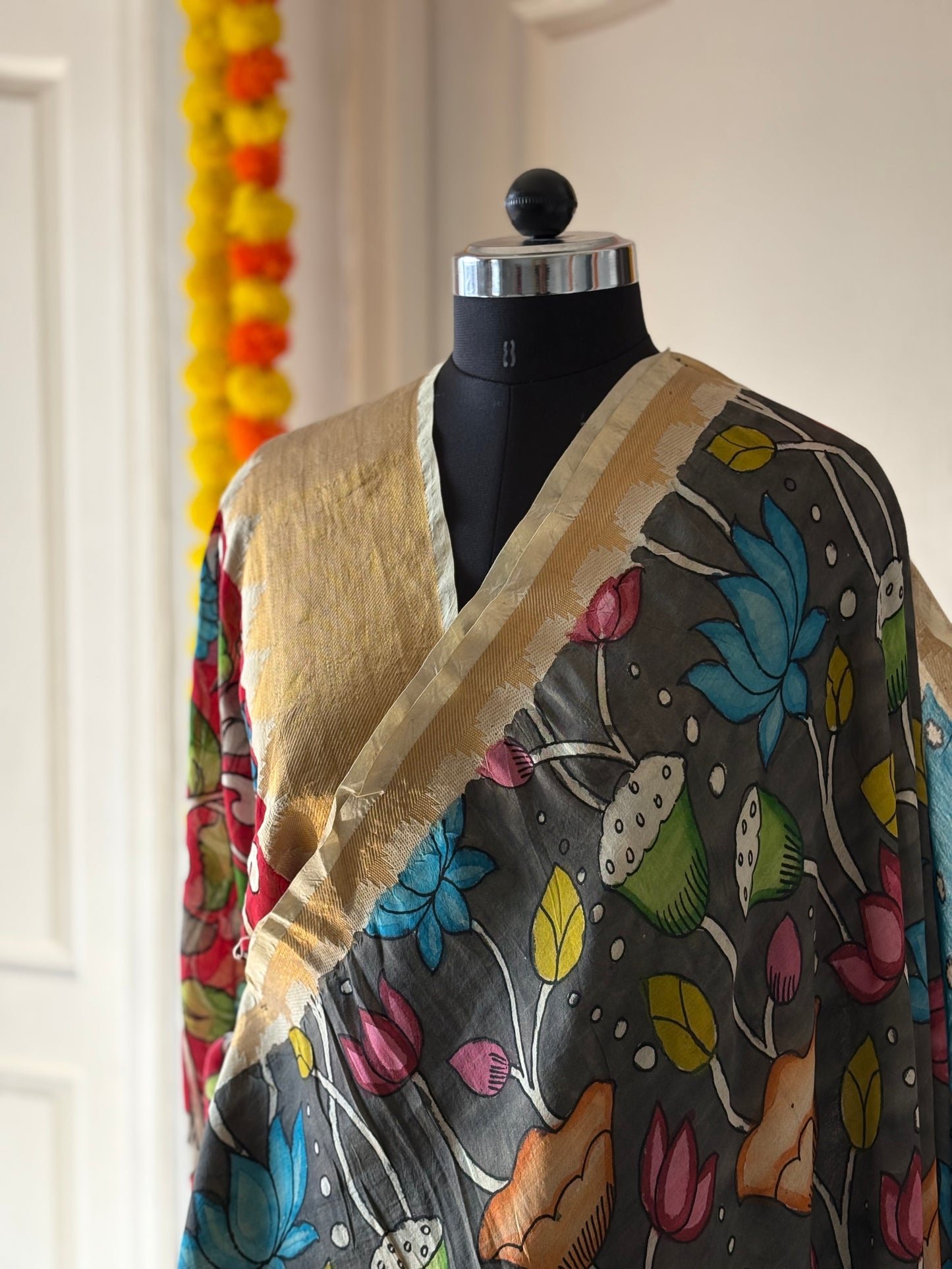 Pen Kalamkari hand painted Banglore Silk Saree with blouse