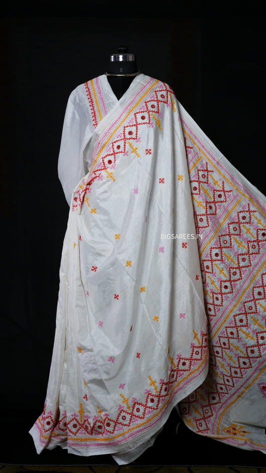 Heavy real mirror work Gujrati Stitch/Kutchi Bharat/Sindhi Hand Embroidered Art Silk Saree with blouse - Off white