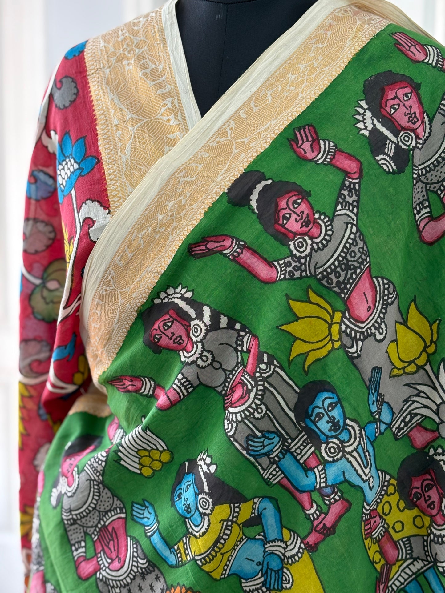 Pen Kalamkari hand painted pure cotton Saree with blouse