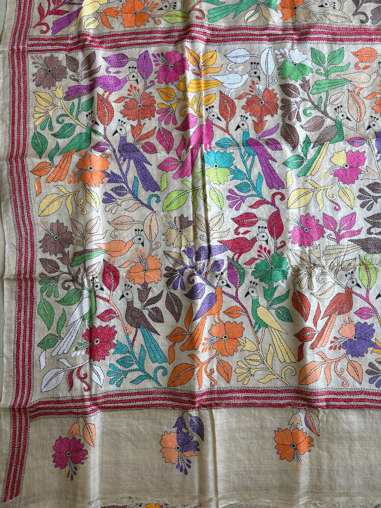 Kantha Hand Embroidered Pure Gachi Tassar Silk Saree - Silk Marked