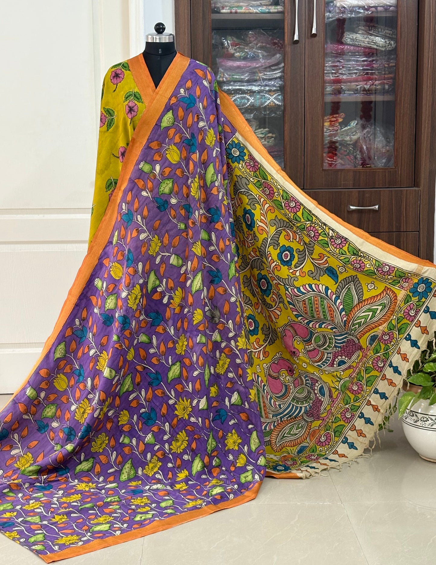 Pen Kalamkari hand painted pure cotton Saree with blouse