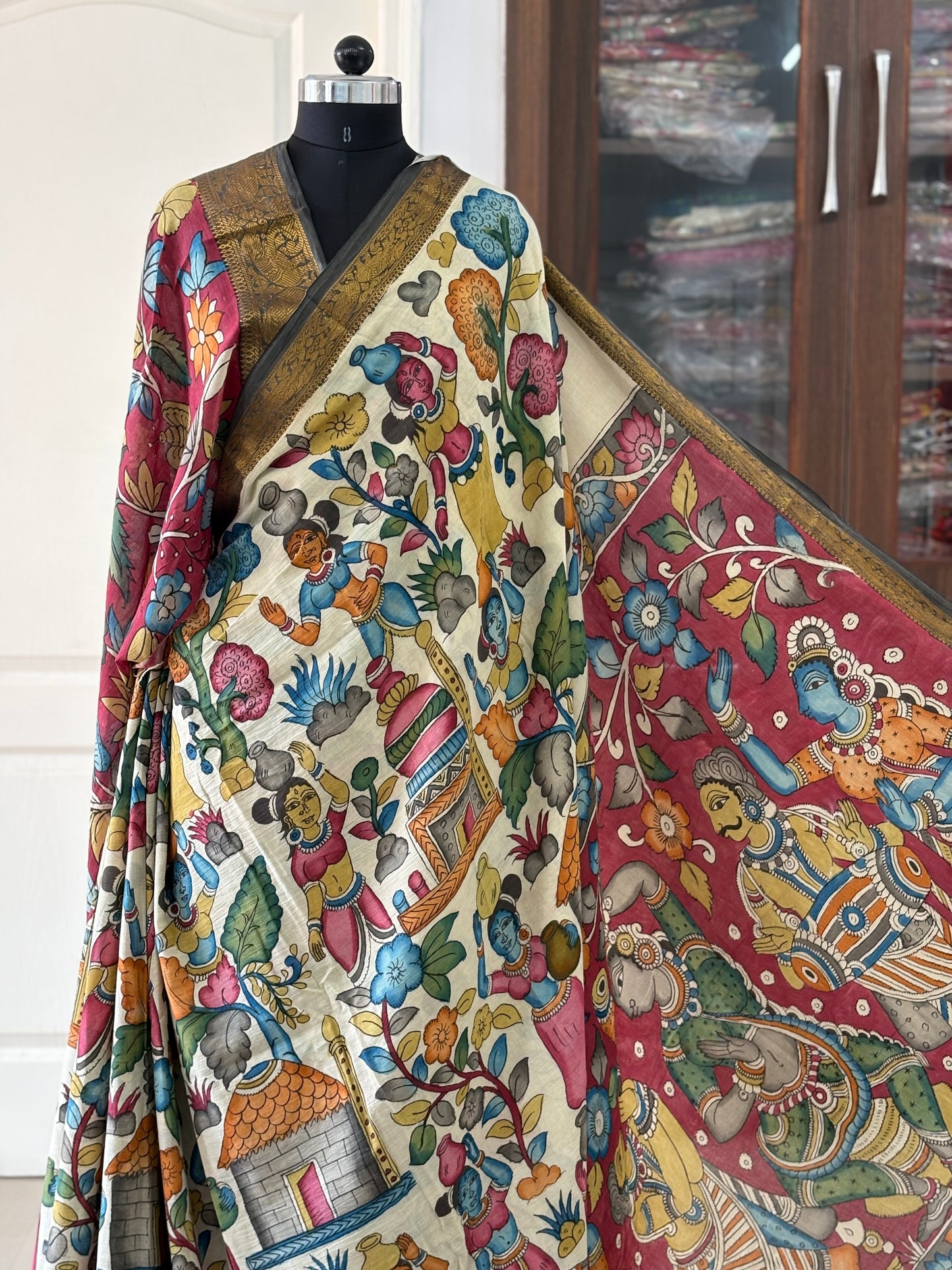 Pen Kalamkari hand painted pure cotton Saree with blouse