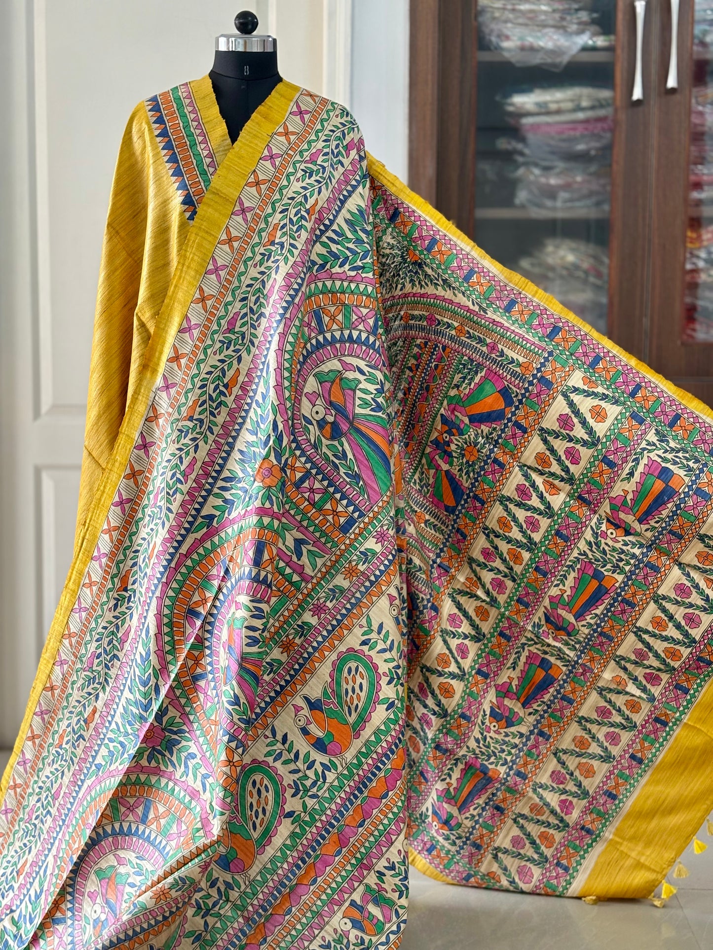 Pure Tussar Ghicha Silk Handcrafted Madhubani Half Saree (Silk Marked)