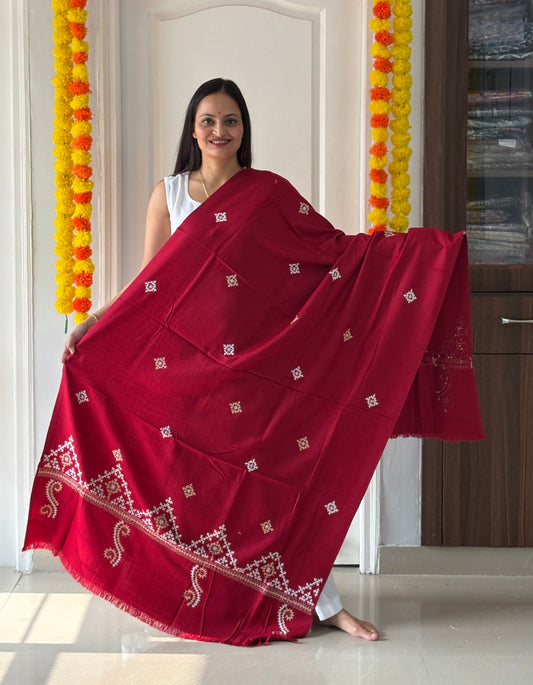 Gujrati Stitch Hand Embroidered Woollen Warm Shawl