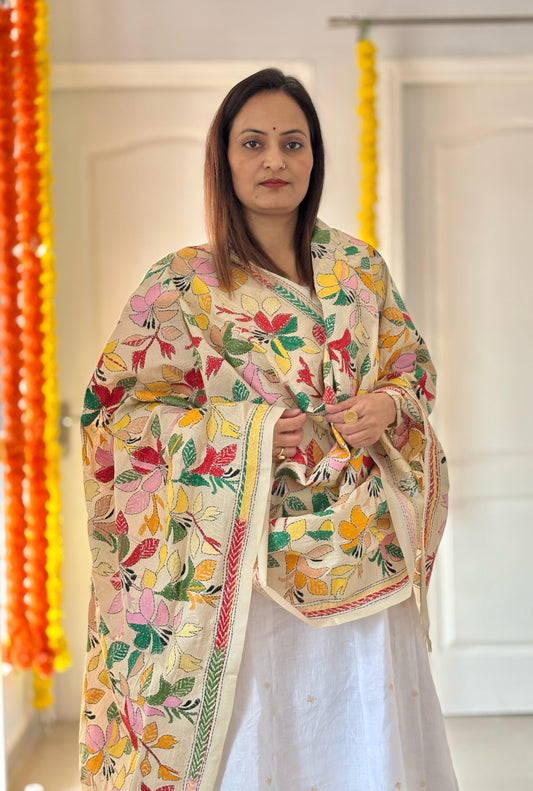 Kantha Hand Embroidary Full Work Semi Tusshar Silk Dupatta 36”