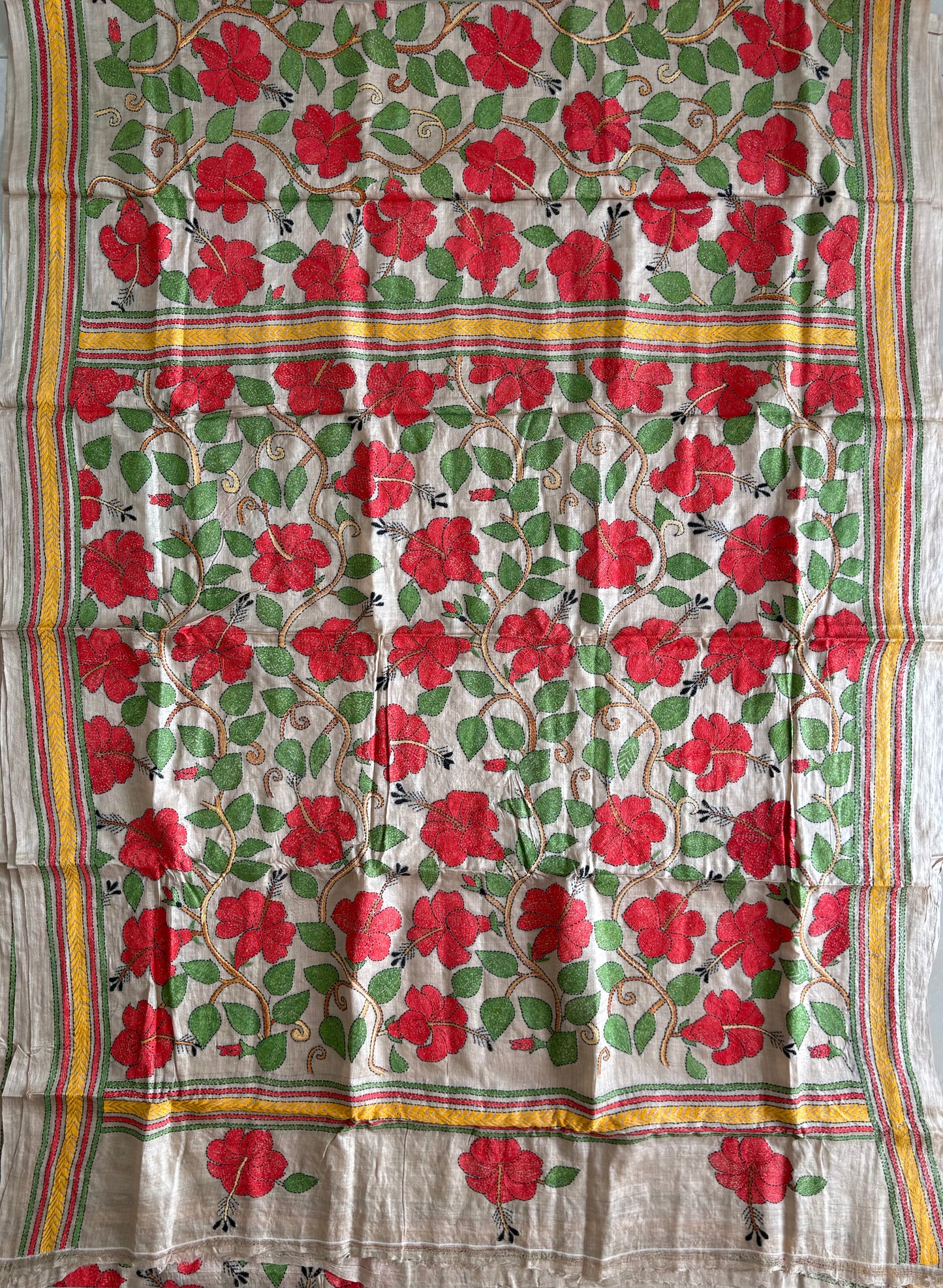 Kantha Stitch Hand Embroidered Pure Gachi by Gachi Tassar Silk Saree (Silk Marked)