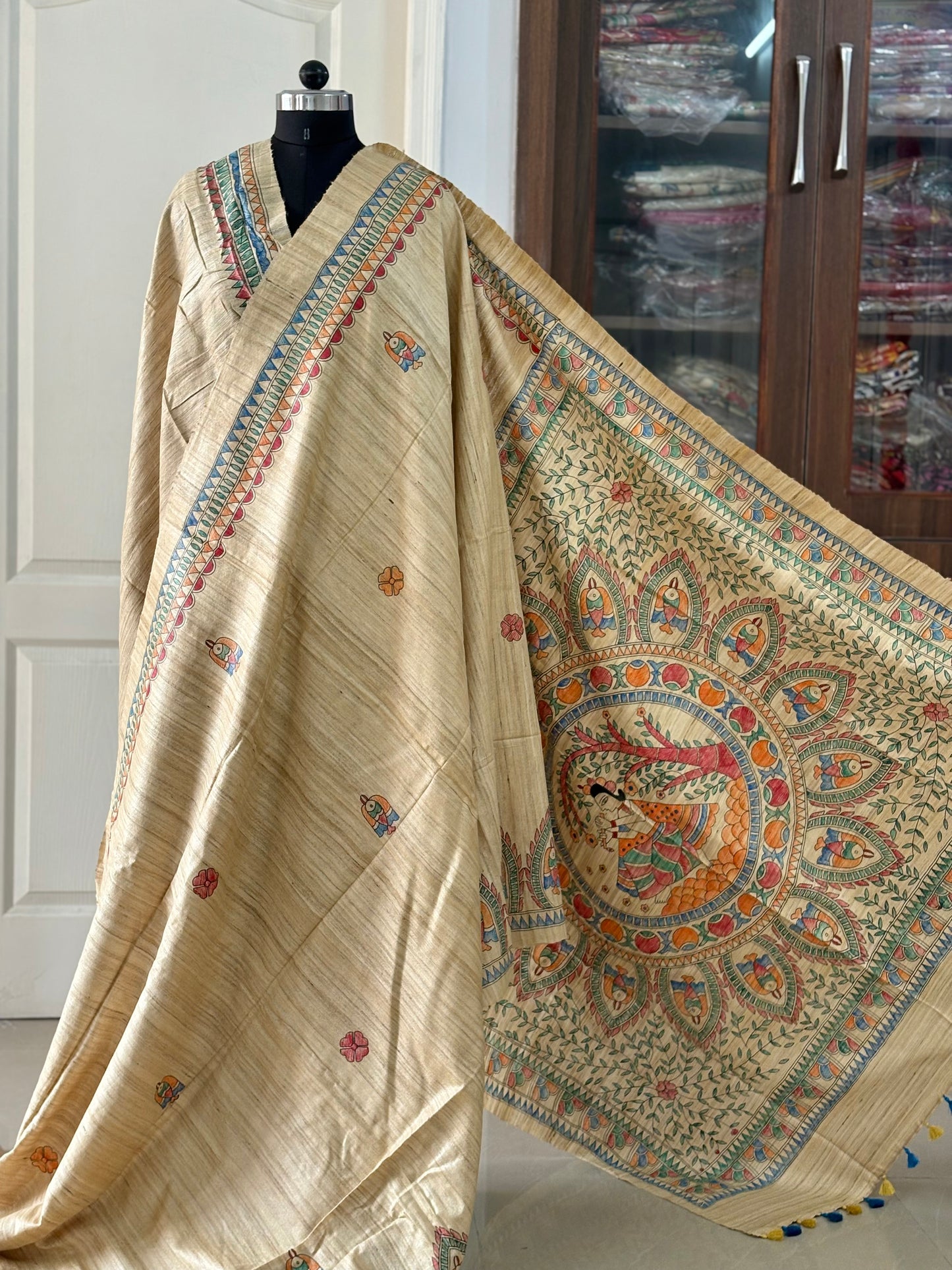 Pure Tussar Ghicha Silk Handcrafted Madhubani Saree (Silk Marked)