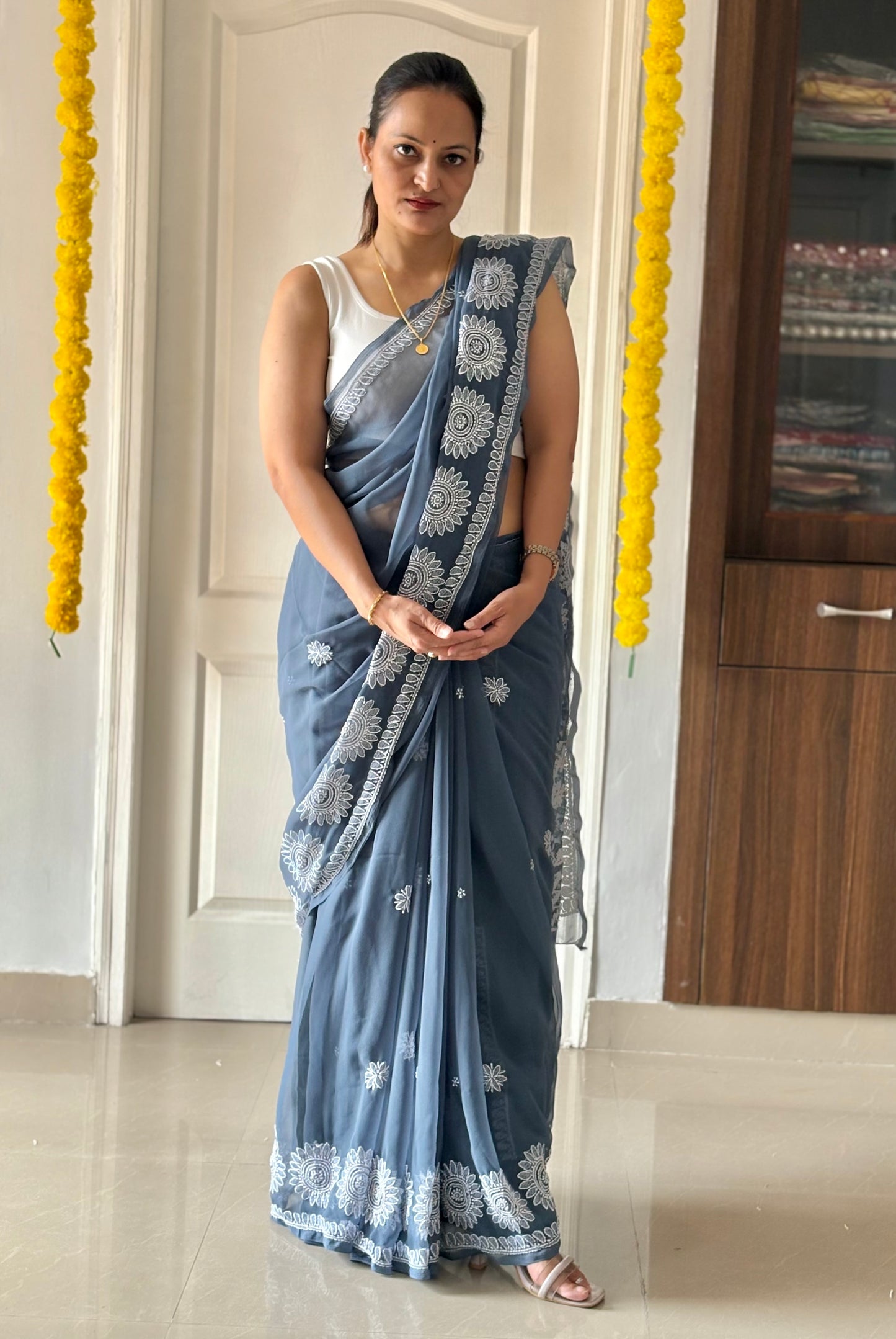 Dark Grey Georgette Chikankari Work Hand Embroidered Saree