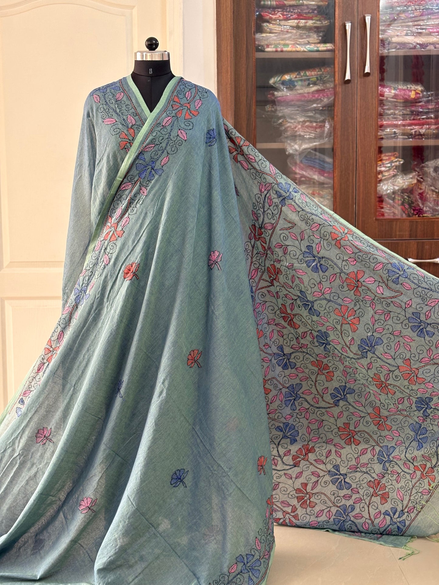 Kantha stitch Hand Embroidered Pure mul Cotton Saree