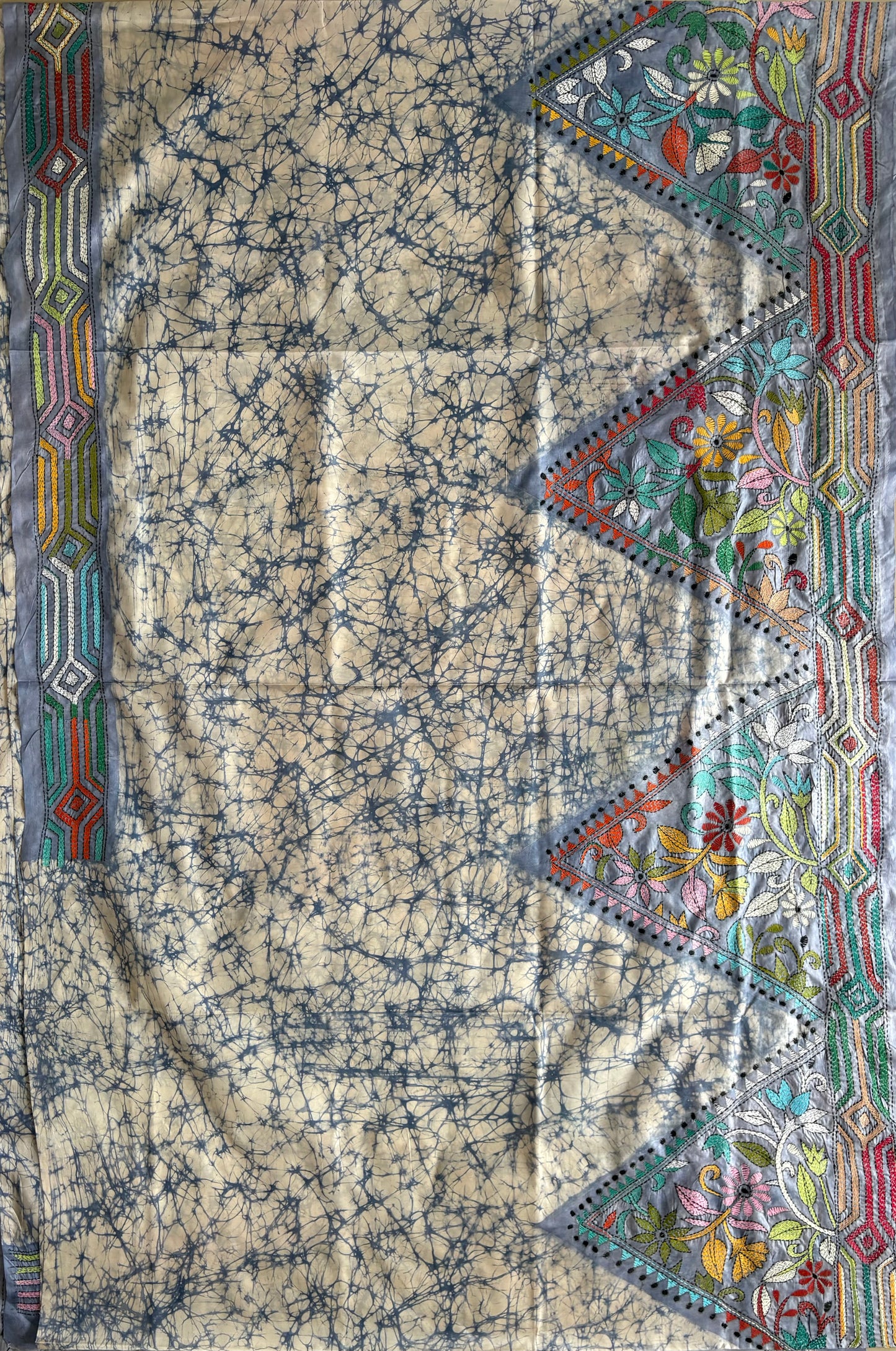 Kantha Hand Embroidered Hand Batik Art Silk Saree With Blouse