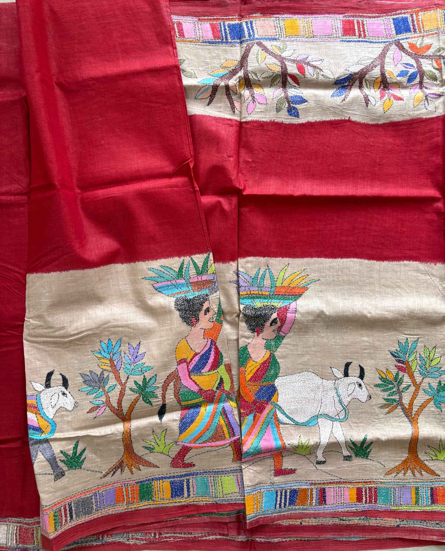 Kantha Stitch Hand Embroidered Pure Gachi by Gachi Tassar Silk Saree (Silk Marked)
