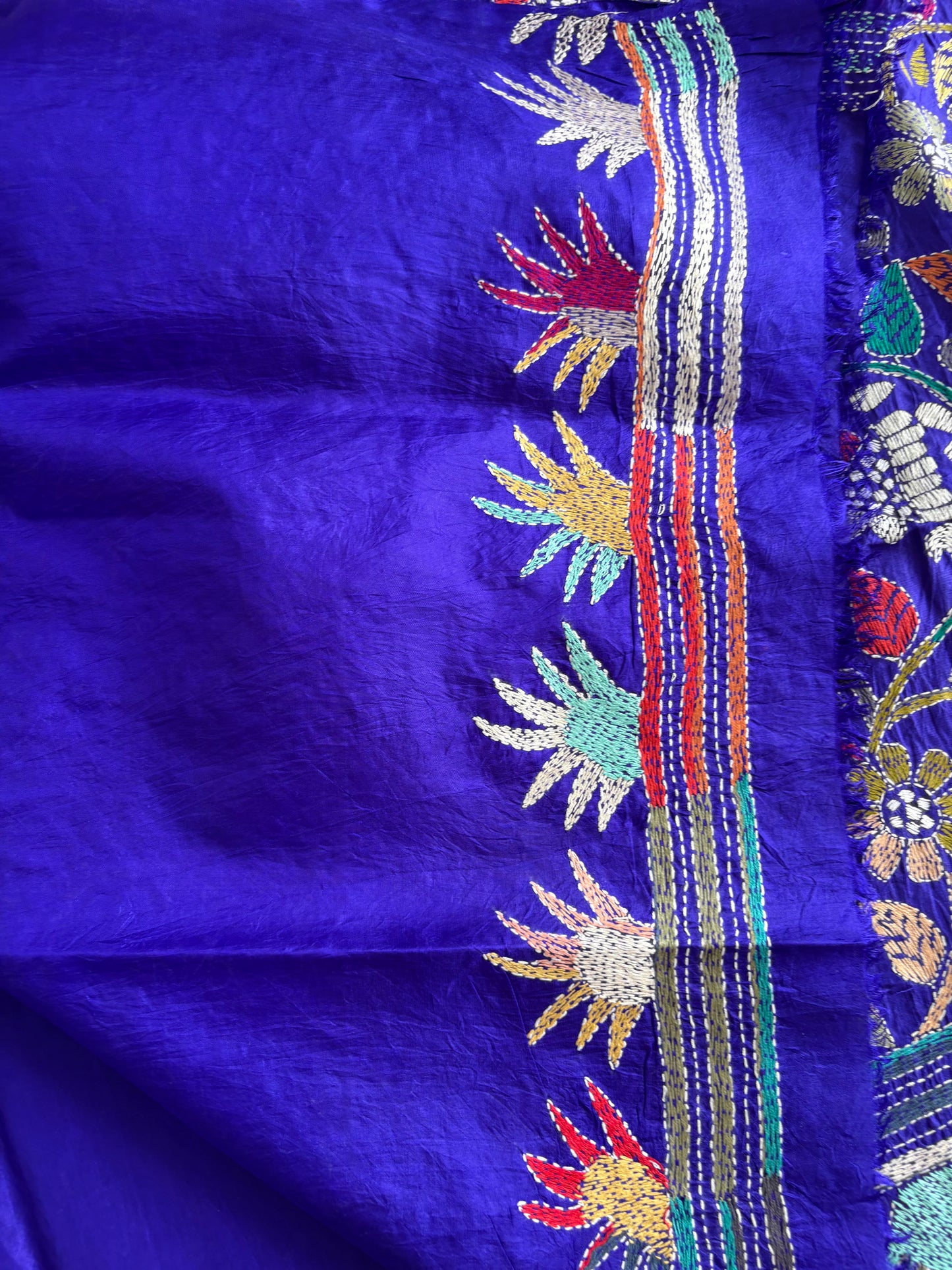 Kantha Hand Embroidered Pure Banglore Silk Saree (Silk Marked)