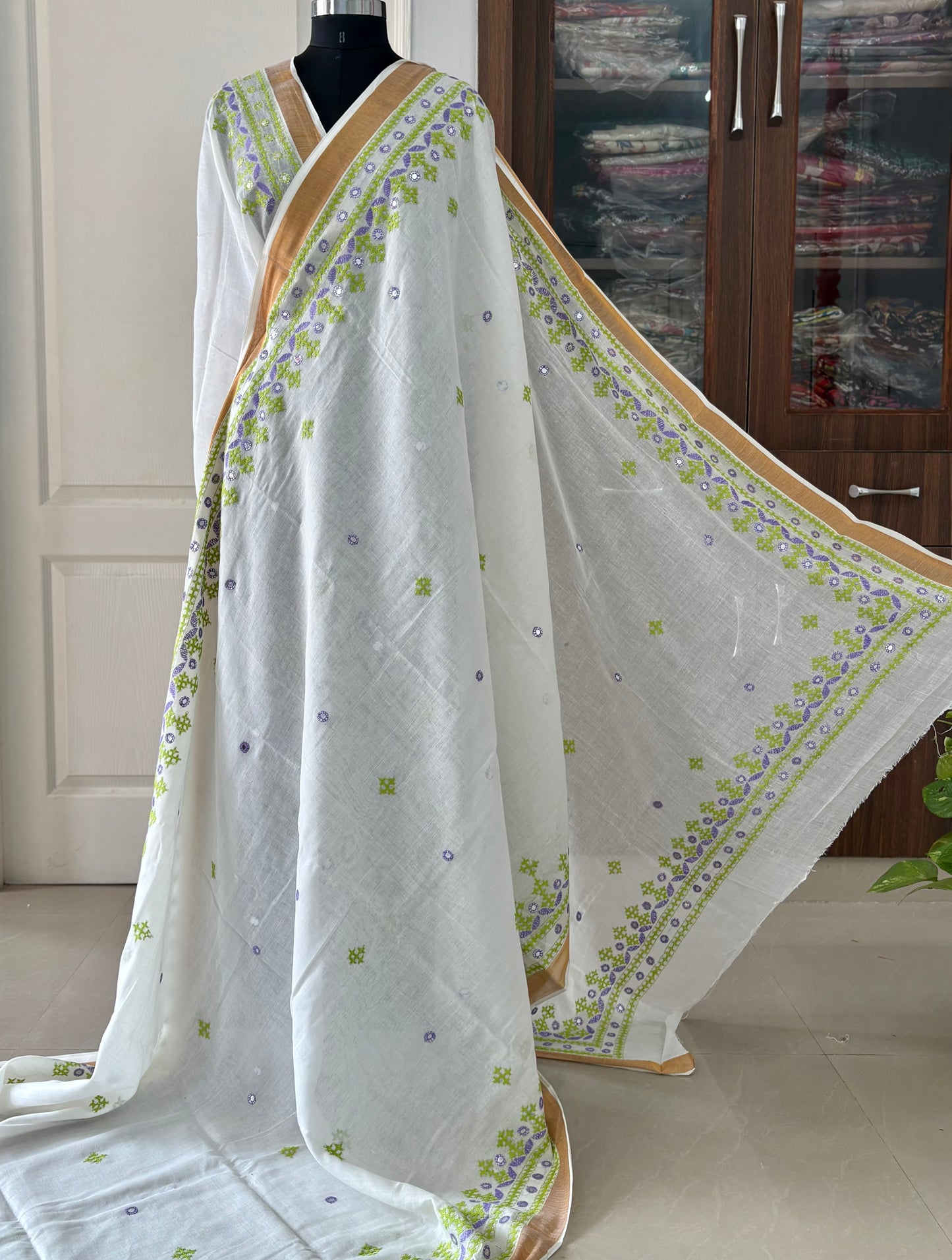 Gujrati Stitch/Kutch Hand Embroidered South Cotton Saree