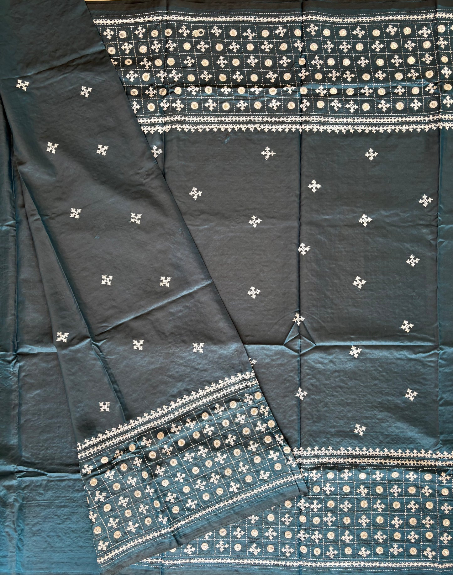 Gujrati Stitch/Kutch Hand Embroidered Art Silk Saree