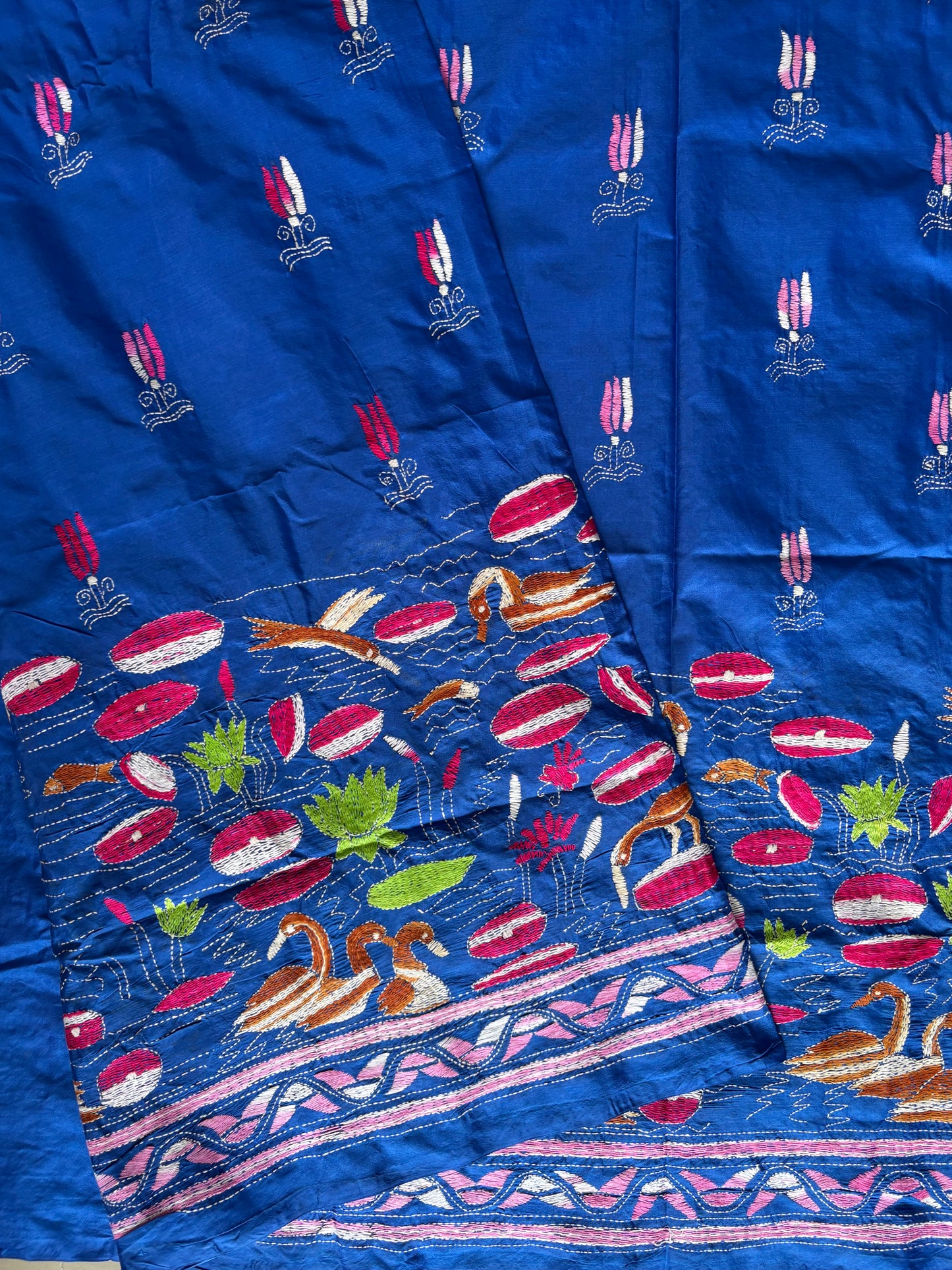 Royal Blue Hand work Kantha stitch Saree in art silk/Blended Banglore Silk