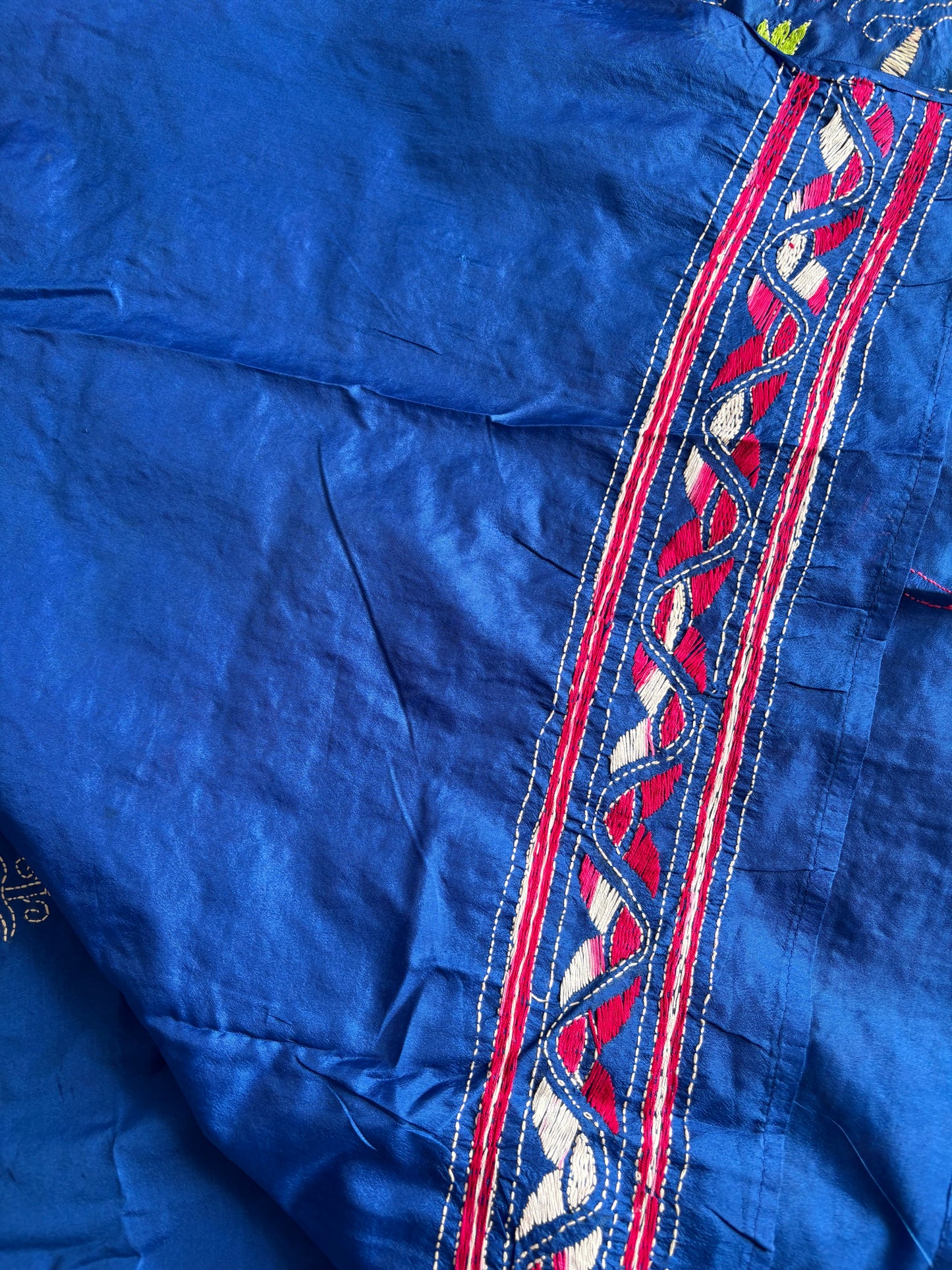 Royal Blue Hand work Kantha stitch Saree in art silk/Blended Banglore Silk