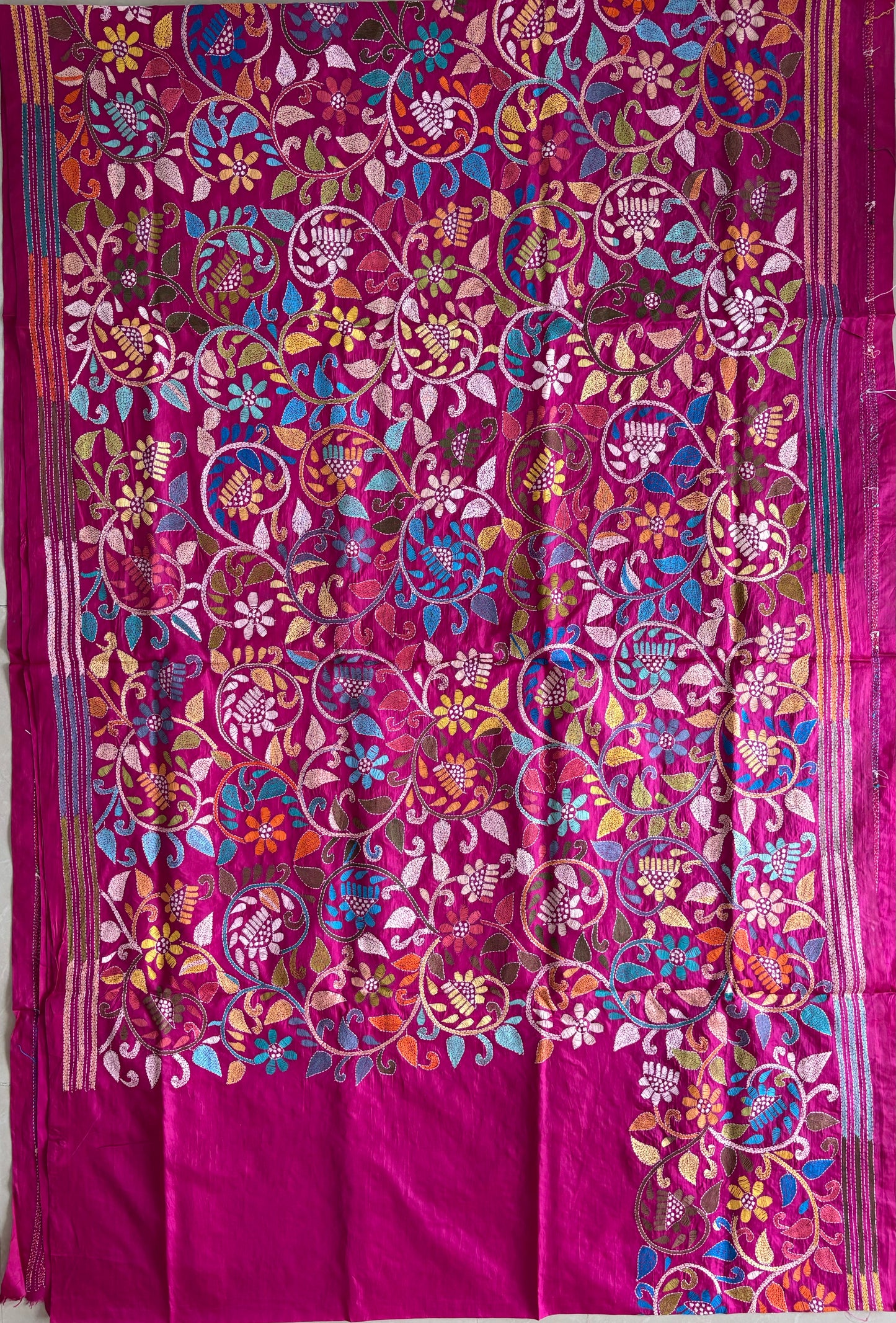 Kantha Stitch Hand Embroidered Pure Banglore Silk Batik Saree (Silk Marked)